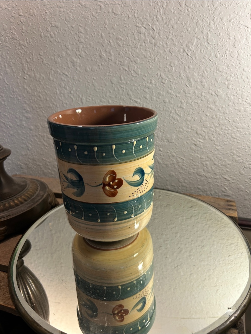 Hand-Painted Ceramic Utensil holderin Teal and Cream